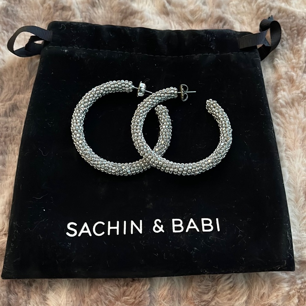 Sachin & Babi Silver Beaded Hoops